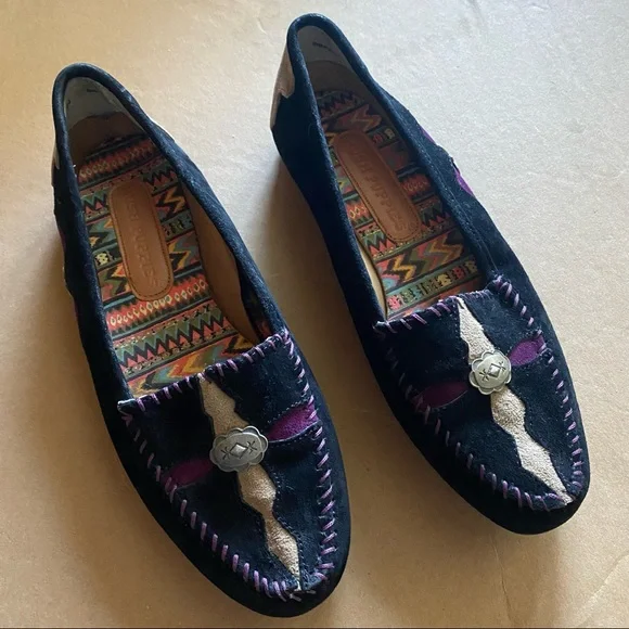 Aztec Western Boho Suede Hush Puppies Loafers Sz 8.5 - Picture 2 of 12
